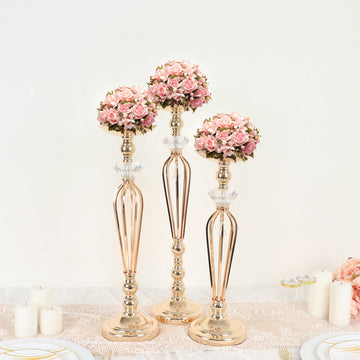 Add Glamour to Your Event with the Gold Metal Crystal Ball Flower Bowl Pedestal Stand Set