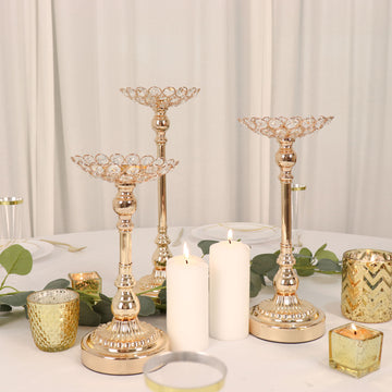 Set of 3 Gold Metal Crystal Beaded Votive Candle Holder Centerpieces, Tea Light Candle Holder Stands 11",13",15"
