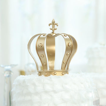 Gold Metal Fleur-De-Lis Top Royal Crown Cake Topper, Centerpiece 8"