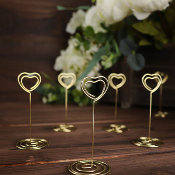 10 Pack Gold Metal Heart Card Holder Stands, Table Number Stands, Wedding Table Place Card Menu Clips 3.5"