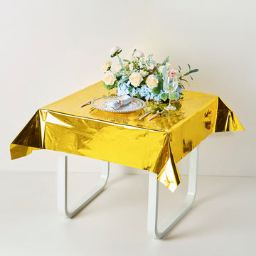 Gold Metallic Foil Square Tablecloth, Disposable Table Cover 50"x50"