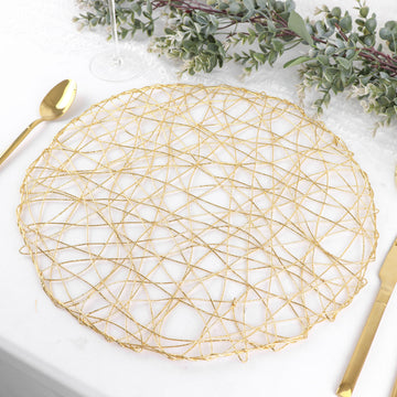 6 Pack Gold Metallic String Woven Placemats, Round Table Mats 15"