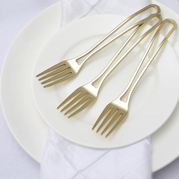 24 Pack Gold Modern Hollow Handle Design Plastic Forks, Disposable Utensils 7"