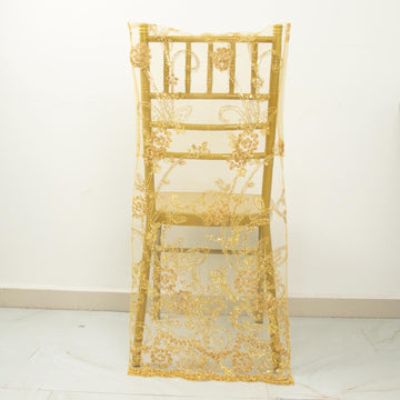 Add Elegance to Your Event with the Gold Organza Floral Sequin Embroidered Wedding Chiavari Slipcover