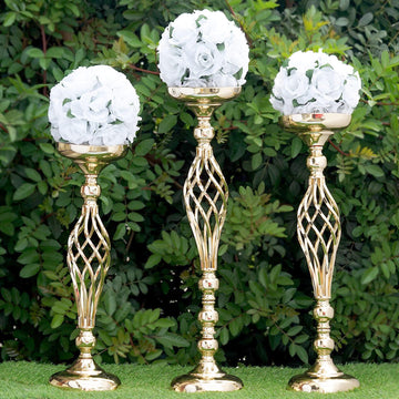 2 Pack Gold Reversible Pillar Candle Holder Set Flower Ball Pedestal Stand 26"