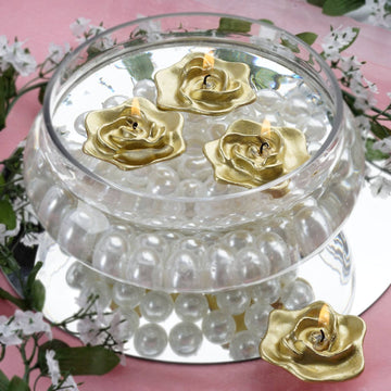 4 Pack Gold Rose Flower Floating Candles, Wedding Vase Fillers 2.5"