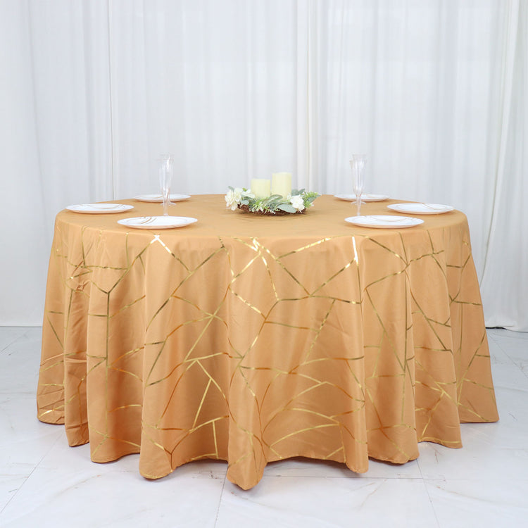 120 Inch Gold Round Polyester Tablecloth with Gold Foil Geometric Pattern