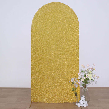 Gold Shimmer Tinsel Spandex Wedding Arch Cover For Fitted Round Top Chiara Backdrop Stand 7ft