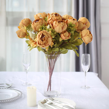 2 Pack Gold Silk Peony Flower Bouquet Arrangements, Artificial Wedding Bridal Bouquets 19"