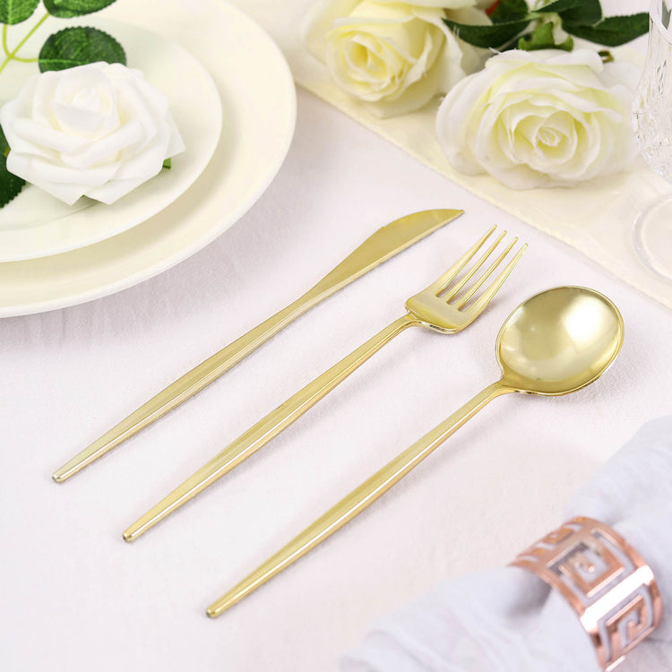 24 Pack Gold Plastic 8 Inch Silverware Set With Knife Fork & Spoon Shiny Finish 