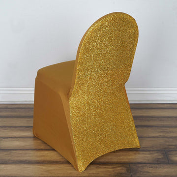 Gold Spandex Stretch Banquet Chair Cover, Fitted with Metallic Shimmer Tinsel Back