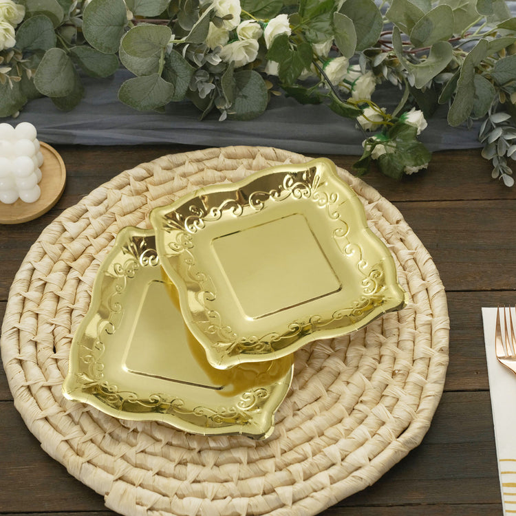 25 Pack Shiny Metallic Pottery Embossed Scroll Edge Design 350 GSM Gold Square Vintage Paper Plates 7 Inch