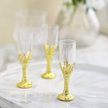 12 Pack Gold Stem Clear Plastic Mini Champagne Flute Glasses, Party Favor Gift Candy Containers 4"