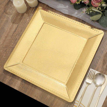 10 Pack Gold Textured Disposable Square Serving Trays, Leather Like Cardboard Charger Plates 1100 GSM 13"