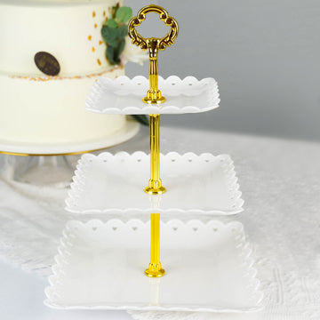 3-Tier White Gold Wavy Square Edge Cupcake Stand, Dessert Holder, Plastic With Top Handle 13"