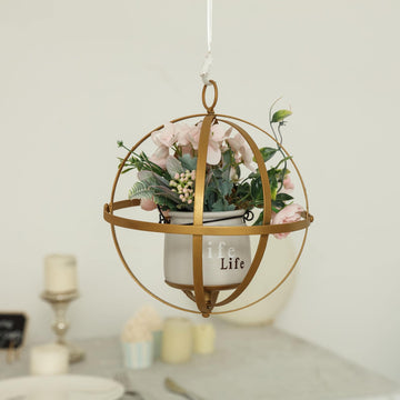 Gold Wrought Iron Open Frame Centerpiece Ball, Candle Holder Floral Display Hanging Sphere 8"