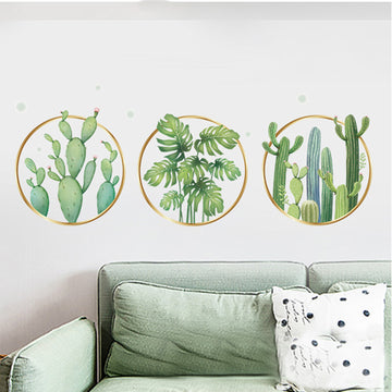 Vibrant Green Tropical Leaf Plants and Cactus Flat Frame Wall Decals