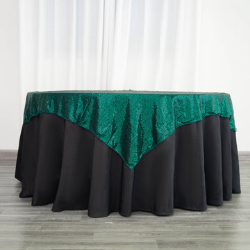 Add Elegance to Your Event Decor with the Hunter Emerald Green Duchess Sequin Table Overlay
