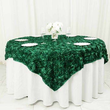Hunter Emerald Green 3D Rosette Satin Table Overlay, Square Tablecloth Topper 72"x72"
