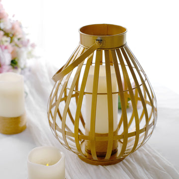 Elegant Gold Metal Open Weave Basket Candle Lantern - A Stunning Indoor and Patio Centerpiece