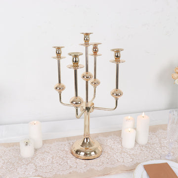 Add Elegance to Your Decor with the Gold Metal 5-Arm Candle Holder Candelabra