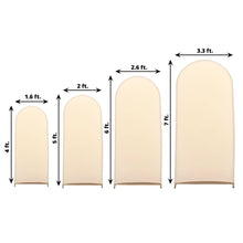 Various sizes of Spandex Matte Beige Round Top Chiara Backdrop Stand Covers are shown with the tallest being 3.3 ft