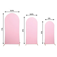 Three different sizes of Spandex Matte Pink Fitted Arch Covers with measurements