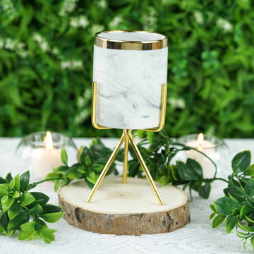 Elegant Gold Rimmed Marble Ceramic Vase Planter Pot With Gold Metal Stand