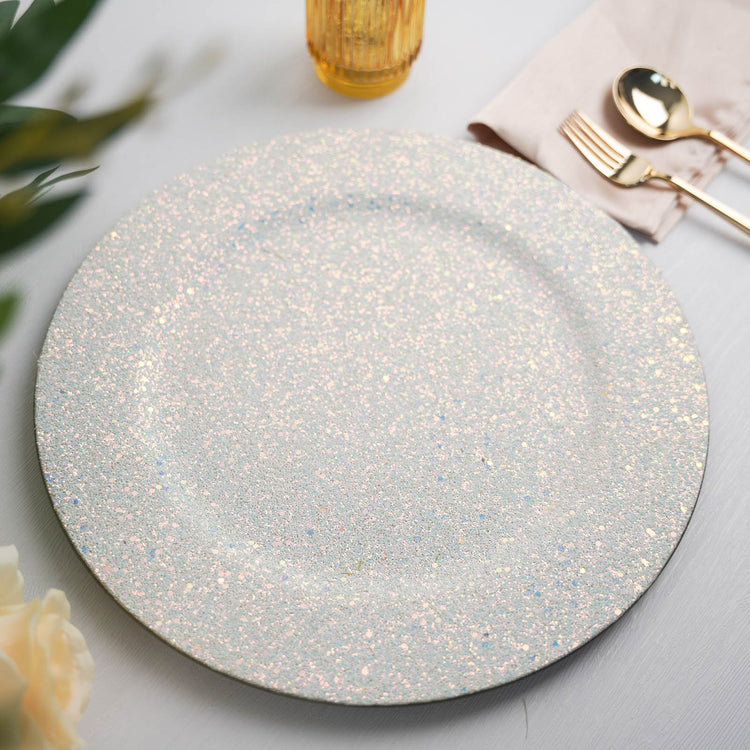 Iridescent Blue Glitter Round Charger Plates 6 Pack 13 Inch