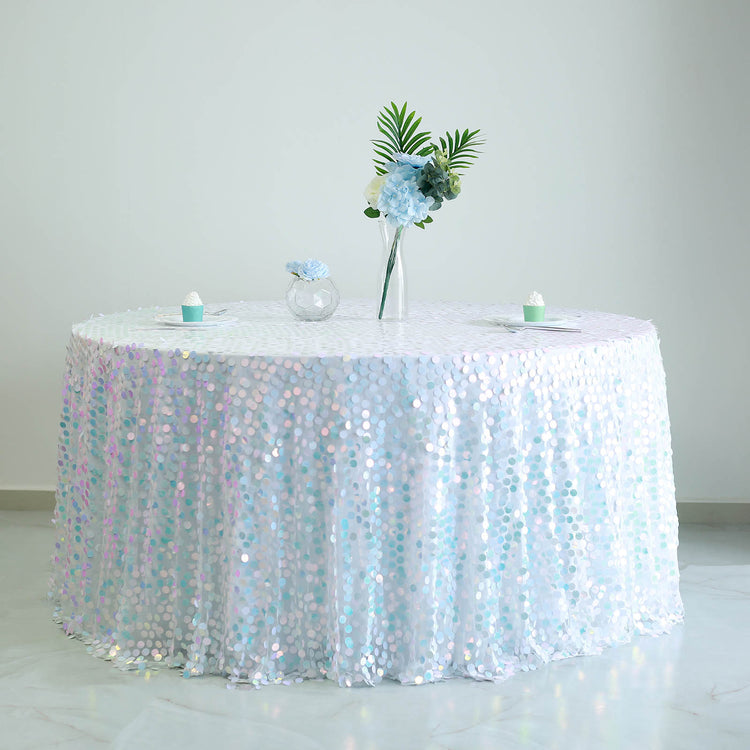 Iridescent Blue Big Payette Sequin Premium Round Tablecloth 120 Inch
