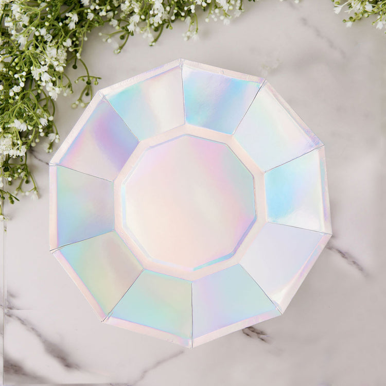 9 Inch Iridescent Colored Disposable Geometric Paper Plates with Decagon Rim 25 Pack