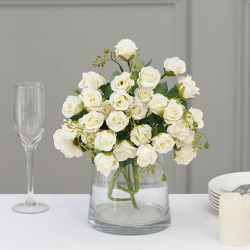 2 Pack Ivory Artificial Open Rose Flower Bouquets, Small Faux Floral Arrangements 12"