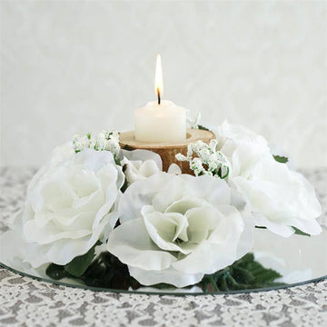 Elegant Ivory Artificial Silk Rose Flower Candle Ring Wreaths - Set of 4