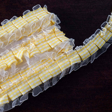 Ivory Double Layered Edging Ruffled Lace Trim With Satin Edged Organza Fabric and Gingham Polyester 25 Yards 1"