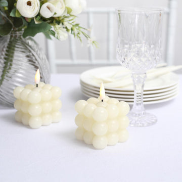 2 Pack Ivory Flameless Decorative Bubble Candles, Warm White Flickering Battery Operated LED Cube Candles 2"