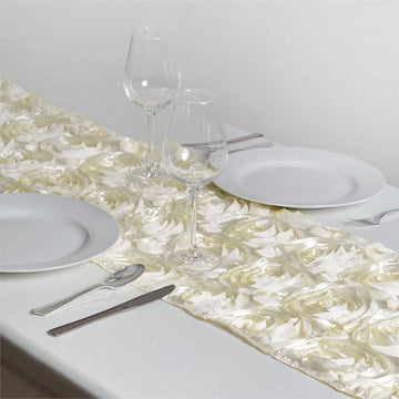 Create a Dreamy Ambiance with the Ivory Grandiose Rosette Satin Table Runner