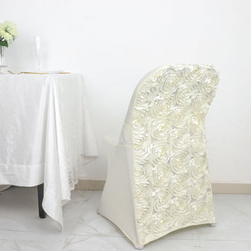 Elevate Your Event with the Ivory Satin Rosette Spandex Stretch Fitted Folding Chair Cover