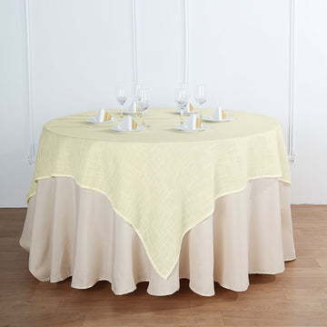 Ivory Slubby Textured Linen Square Table Overlay, Wrinkle Resistant Polyester Tablecloth Topper 72"x72"