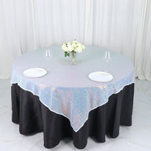 Iridescent Blue Duchess Sequin Square Table Overlay 60 Inch x 60 Inch