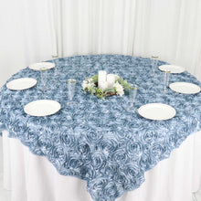 3D Rosette Design on 72 Inch x 72 Inch Square Dusty Blue Satin Table Overlay