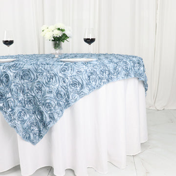 Create a Stunning Tablescape with the Dusty Blue 3D Rosette Satin Table Overlay