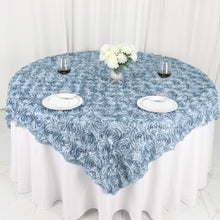 Dusty Blue 3D Rosette Design on 72 Inch x 72 Inch Square Satin Table Overlay