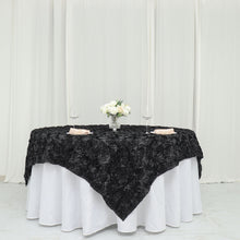 72 Inch x 72 Inch Black Square Table Overlay With 3D Satin Rosettes
