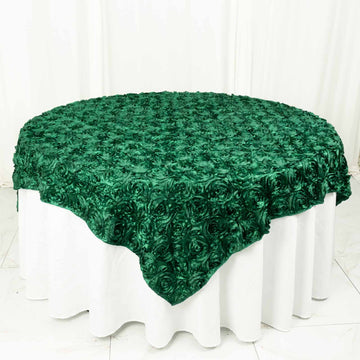 Elevate Your Tablescape with the Hunter Emerald Green 3D Rosette Satin Table Overlay