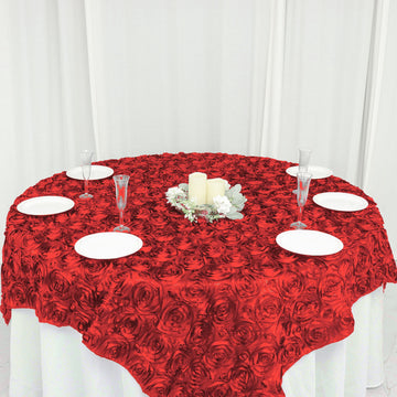 Create Unforgettable Memories with the Red 3D Rosette Satin Table Overlay