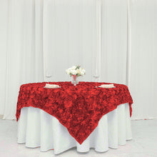 72 Inch x 72 Inch Square Table Overlay With Red 3D Satin Rosettes 