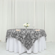 72 Inch x 72 Inch Square Table Overlay With Silver 3D Satin Rosettes 
