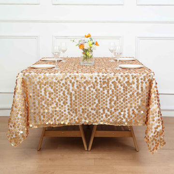 Elevate Your Event with the Matte Champagne Premium Big Payette Sequin Square Table Overlay 72''
