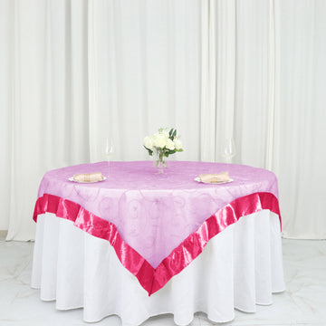 Fuchsia Embroidered Sheer Organza Square Table Overlay With Satin Edge 72"x72"