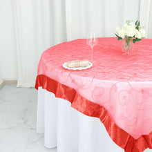 Embroidered Organza Square Table Overlay With Red Satin Edge 72 Inch x 72 Inch